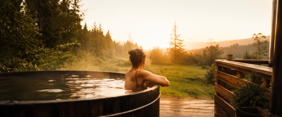 Bain nordique en pleine nature au coucher du soleil